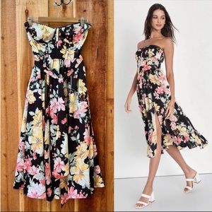 Black Floral Satin Strapless Bustier Corset Dress With Pockets 🌿